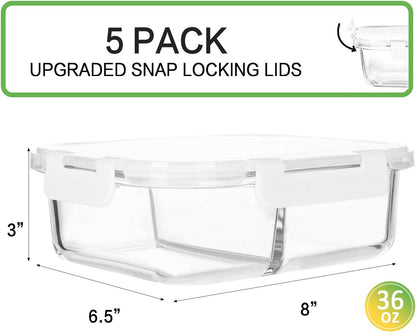 5 Pack,36 oz, 2 Compartments Glass Meal Prep Containers with Lids