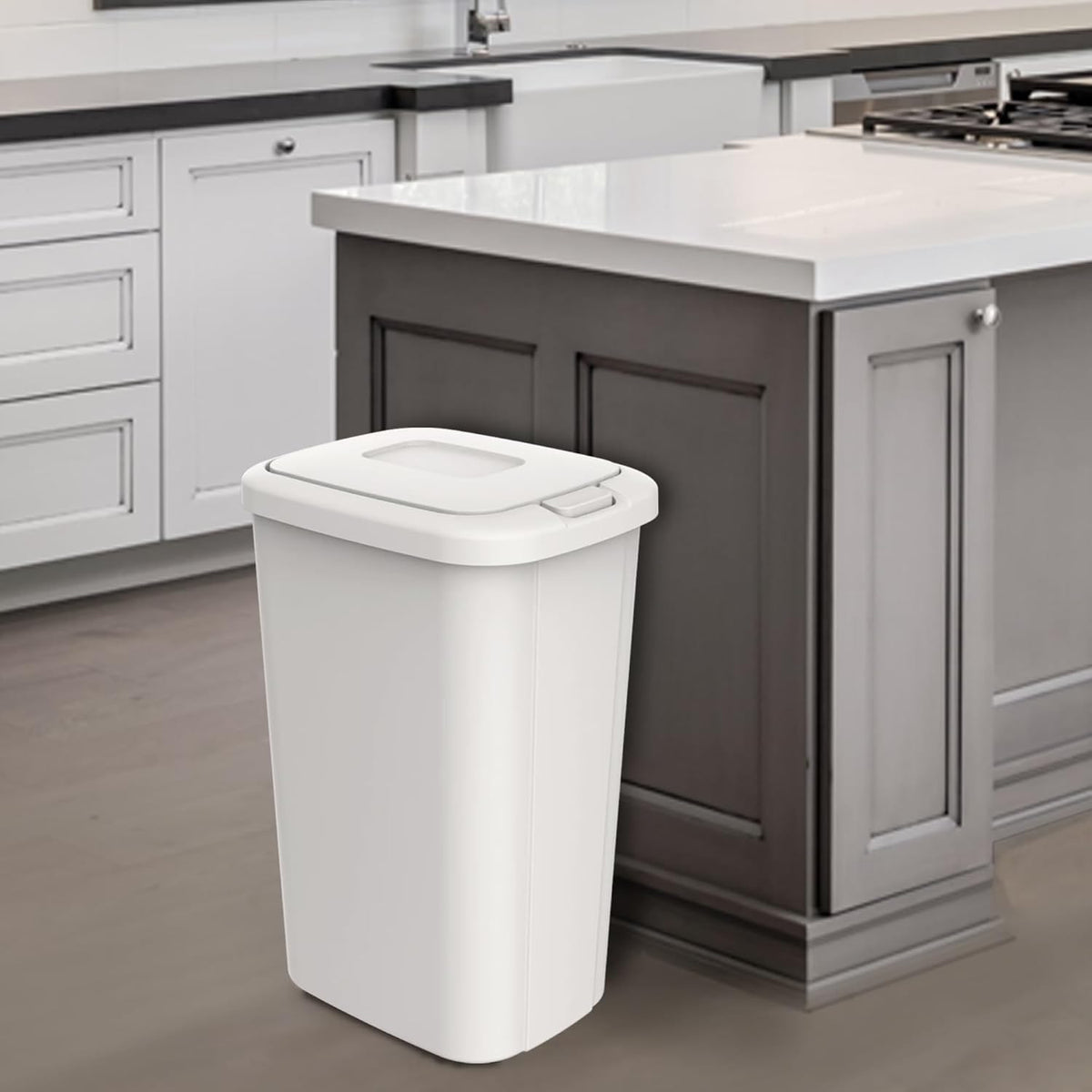 13.3 Gallon White Kitchen Trash Can, Push Button Touch Top Plastic Bin