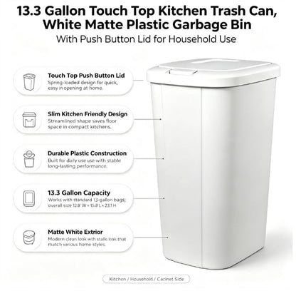 13.3 Gallon White Kitchen Trash Can, Push Button Touch Top Plastic Bin