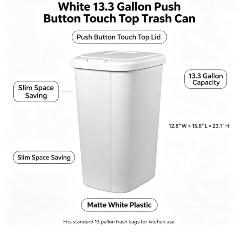 13.3 Gallon White Kitchen Trash Can, Push Button Touch Top Plastic Bin