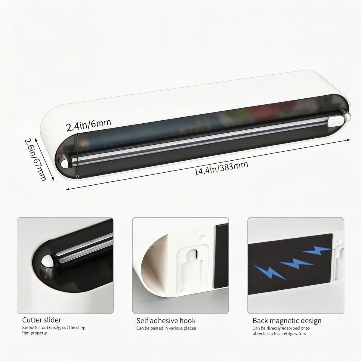 Magnetic Plastic Wrap Dispenser with Cutter, No-Drill Wall Mount Aluminum Foil Holder with Slide Cutter, Cuts Aluminum Foil, Saran Wrap, Cling Wrap, Wax Paper (Grey-Plastic)