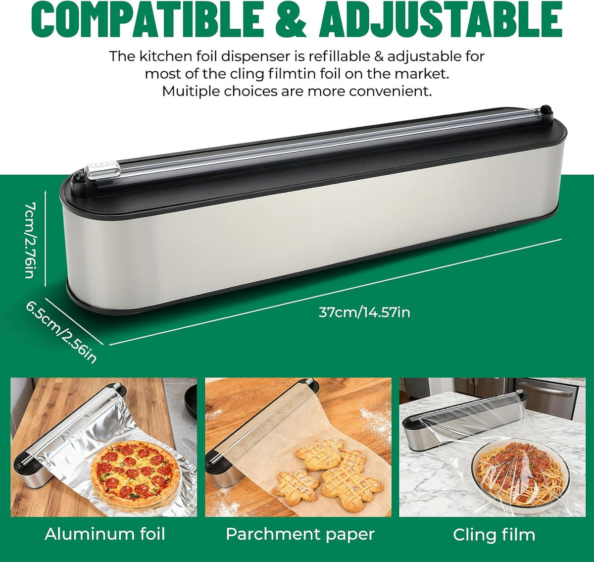 Magnetic Plastic Wrap Dispenser with Cutter, No-Drill Wall Mount Aluminum Foil Holder with Slide Cutter, Cuts Aluminum Foil, Saran Wrap, Cling Wrap, Wax Paper (Grey-Plastic)
