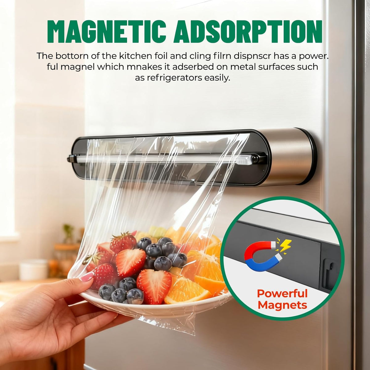 Magnetic Plastic Wrap Dispenser with Cutter, No-Drill Wall Mount Aluminum Foil Holder with Slide Cutter, Cuts Aluminum Foil, Saran Wrap, Cling Wrap, Wax Paper (Grey-Plastic)