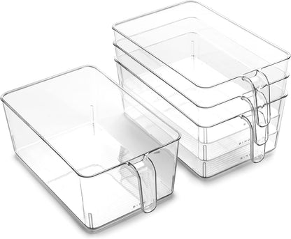 l Plastic Storage Bins l THE HOLDER COLLECTION l 4-Pack, Medium Multi-Use Clear Containers for Organizing with Built-in Handles l Pantry Organization & Storage l Kitchen Organizer l Storage Bins