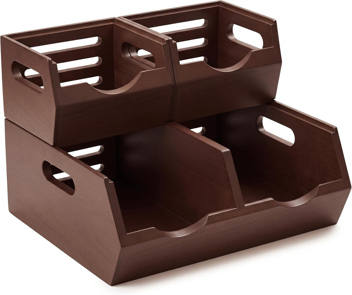 Stackable Solid Wood Storage Bins for Kitchen Pantry & Countertop, Ventilated Potato and Onion Basket Organizer with Handles, Wooden Produce Storage Containers, 3-Pack, Chestnut Finish