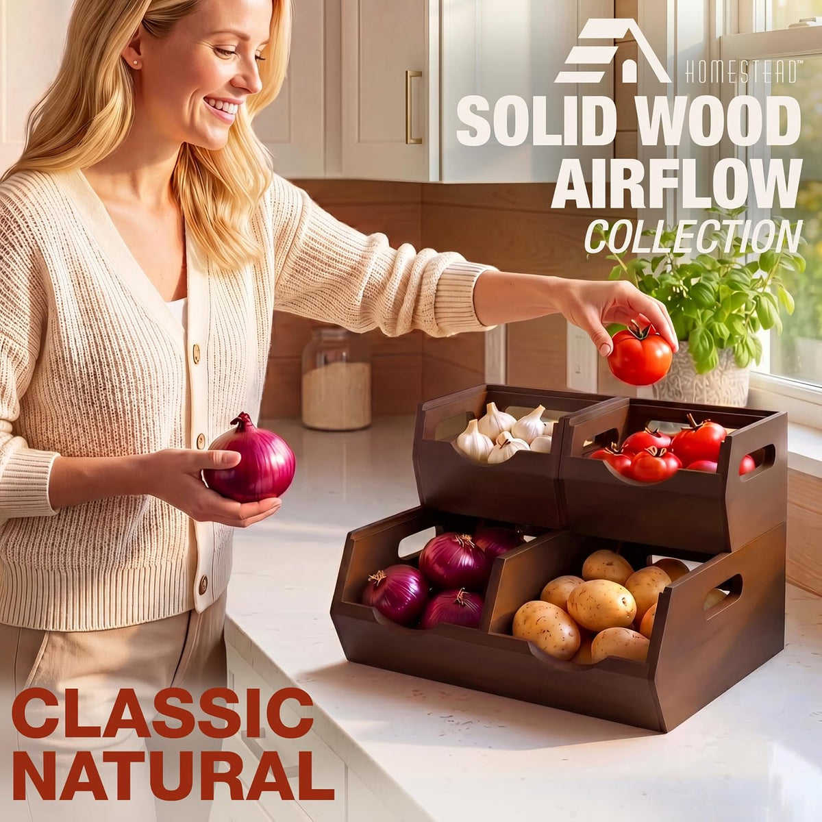 Stackable Solid Wood Storage Bins for Kitchen Pantry & Countertop, Ventilated Potato and Onion Basket Organizer with Handles, Wooden Produce Storage Containers, 3-Pack, Chestnut Finish