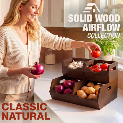 Stackable Solid Wood Storage Bins for Kitchen Pantry & Countertop, Ventilated Potato and Onion Basket Organizer with Handles, Wooden Produce Storage Containers, 3-Pack, Chestnut Finish