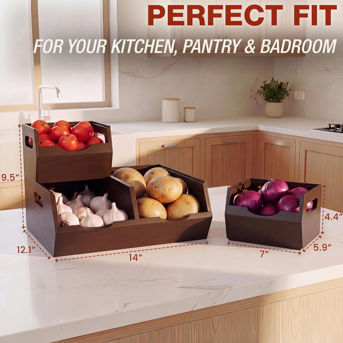 Stackable Solid Wood Storage Bins for Kitchen Pantry & Countertop, Ventilated Potato and Onion Basket Organizer with Handles, Wooden Produce Storage Containers, 3-Pack, Chestnut Finish