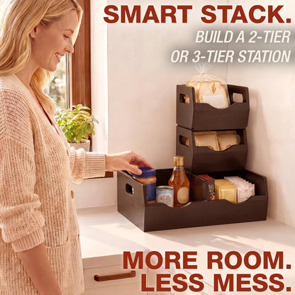 Stackable Solid Wood Storage Bins for Kitchen Pantry & Countertop, Ventilated Potato and Onion Basket Organizer with Handles, Wooden Produce Storage Containers, 3-Pack, Chestnut Finish