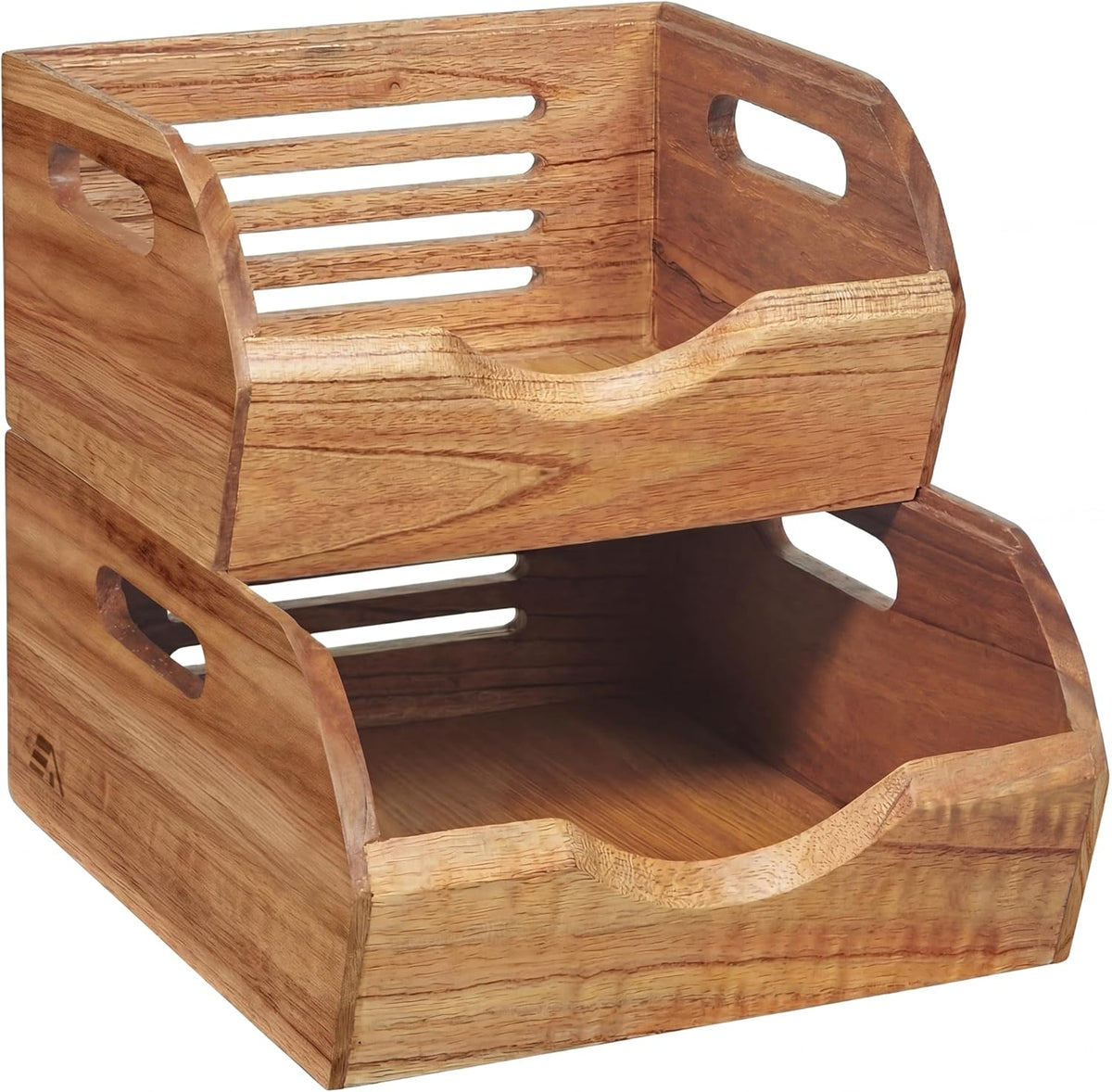 Stackable Solid Wood Storage Bins for Kitchen Pantry & Countertop, Ventilated Potato and Onion Basket Organizer with Handles, Wooden Produce Storage Containers, 3-Pack, Chestnut Finish