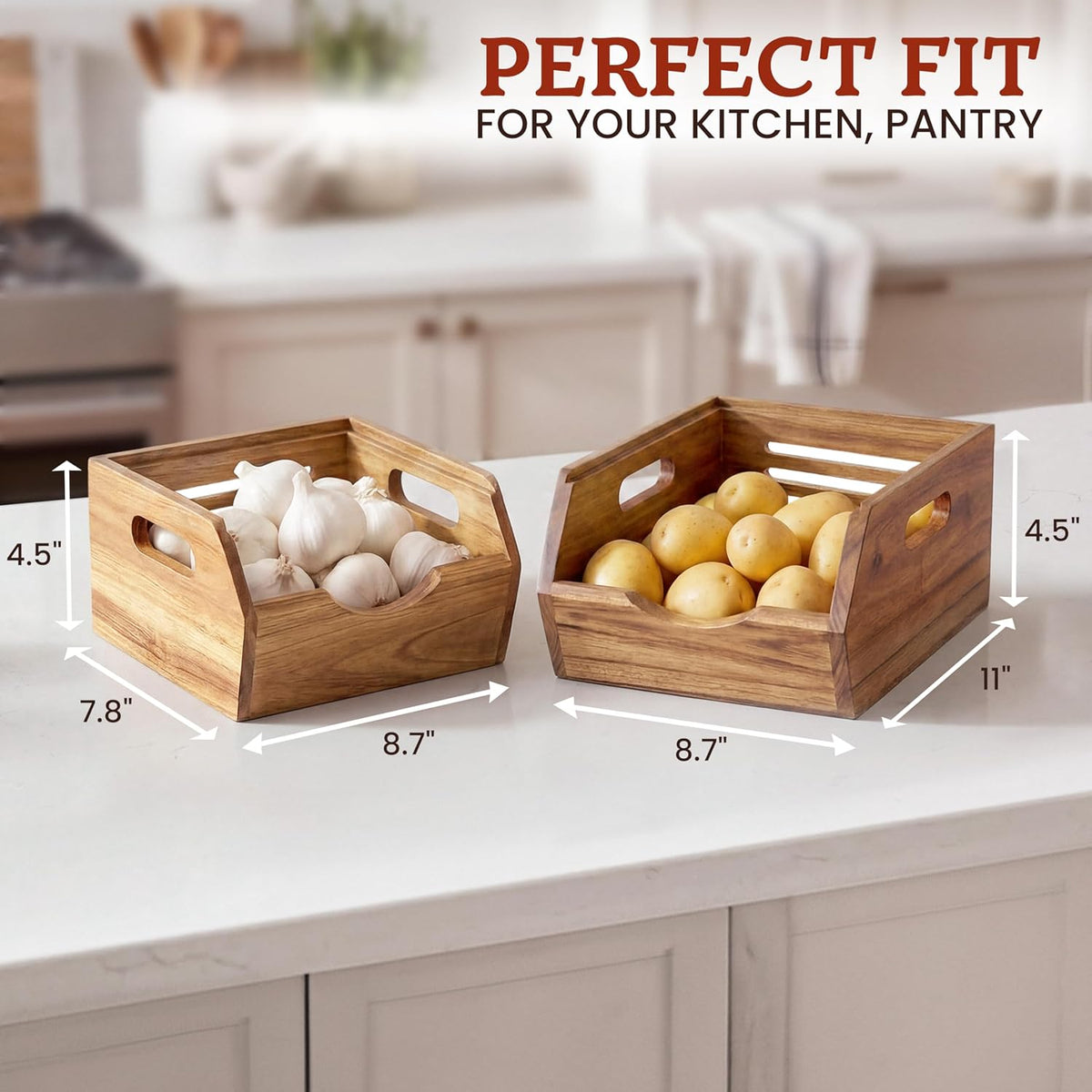 Stackable Solid Wood Storage Bins for Kitchen Pantry & Countertop, Ventilated Potato and Onion Basket Organizer with Handles, Wooden Produce Storage Containers, 3-Pack, Chestnut Finish