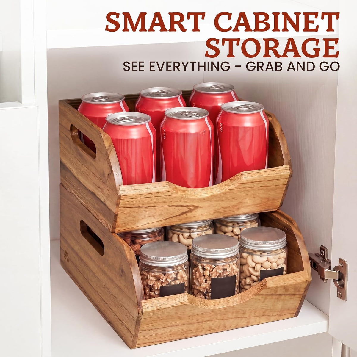 Stackable Solid Wood Storage Bins for Kitchen Pantry & Countertop, Ventilated Potato and Onion Basket Organizer with Handles, Wooden Produce Storage Containers, 3-Pack, Chestnut Finish