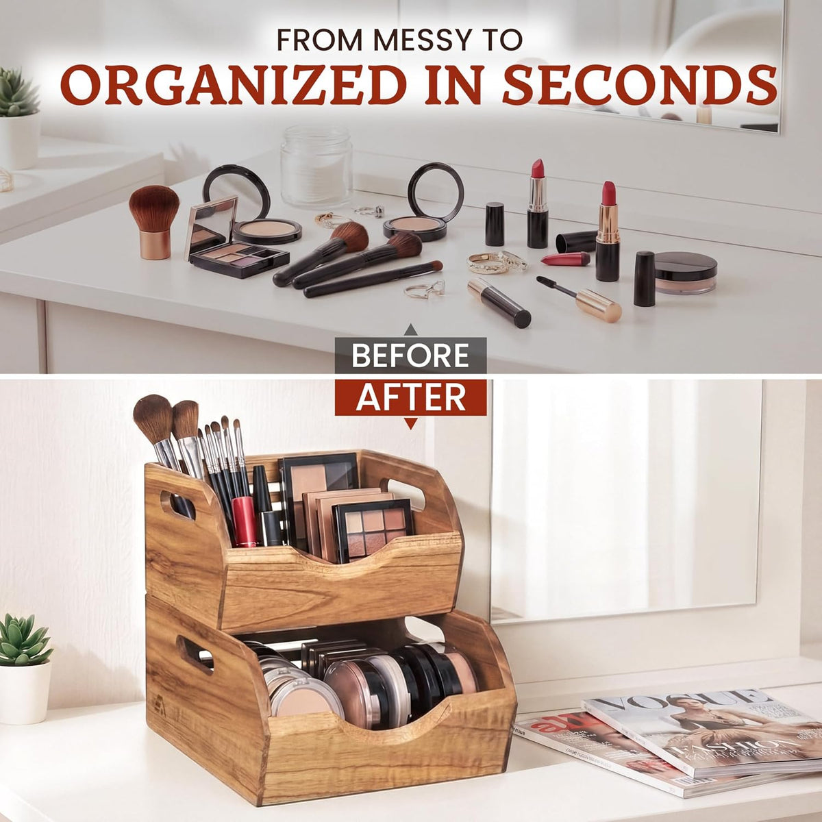 Stackable Solid Wood Storage Bins for Kitchen Pantry & Countertop, Ventilated Potato and Onion Basket Organizer with Handles, Wooden Produce Storage Containers, 3-Pack, Chestnut Finish