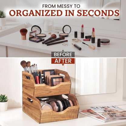 Stackable Solid Wood Storage Bins for Kitchen Pantry & Countertop, Ventilated Potato and Onion Basket Organizer with Handles, Wooden Produce Storage Containers, 3-Pack, Chestnut Finish
