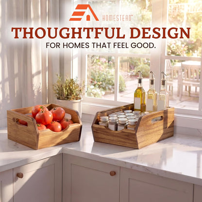 Stackable Solid Wood Storage Bins for Kitchen Pantry & Countertop, Ventilated Potato and Onion Basket Organizer with Handles, Wooden Produce Storage Containers, 3-Pack, Chestnut Finish