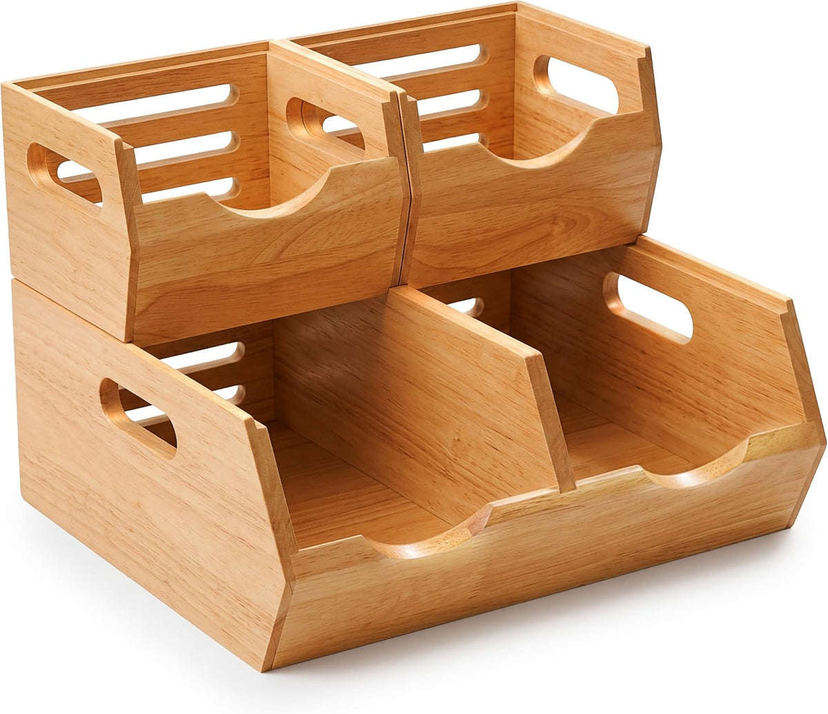 Stackable Solid Wood Storage Bins for Kitchen Pantry & Countertop, Ventilated Potato and Onion Basket Organizer with Handles, Wooden Produce Storage Containers, 3-Pack, Chestnut Finish