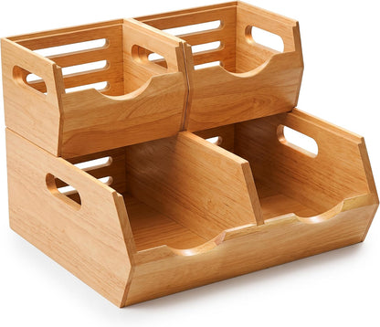 Stackable Solid Wood Storage Bins for Kitchen Pantry & Countertop, Ventilated Potato and Onion Basket Organizer with Handles, Wooden Produce Storage Containers, 3-Pack, Chestnut Finish