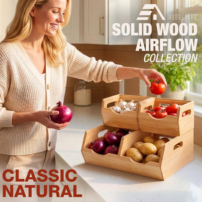 Stackable Solid Wood Storage Bins for Kitchen Pantry & Countertop, Ventilated Potato and Onion Basket Organizer with Handles, Wooden Produce Storage Containers, 3-Pack, Chestnut Finish