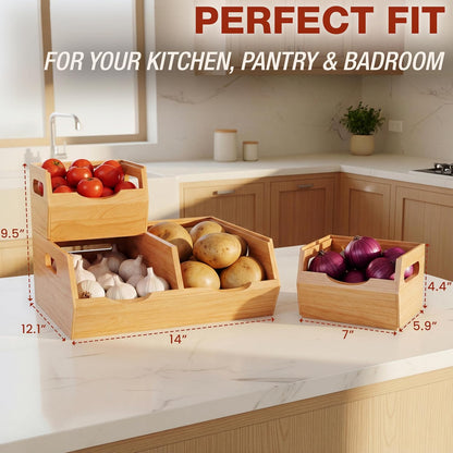 Stackable Solid Wood Storage Bins for Kitchen Pantry & Countertop, Ventilated Potato and Onion Basket Organizer with Handles, Wooden Produce Storage Containers, 3-Pack, Chestnut Finish