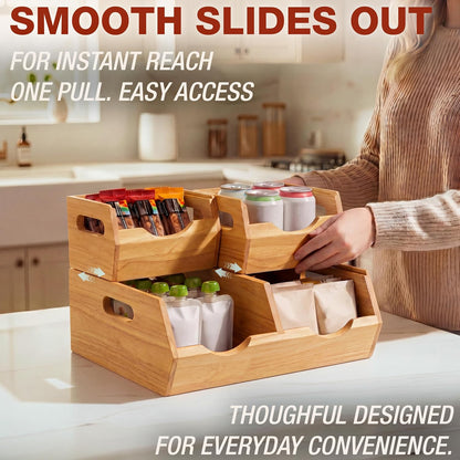 Stackable Solid Wood Storage Bins for Kitchen Pantry & Countertop, Ventilated Potato and Onion Basket Organizer with Handles, Wooden Produce Storage Containers, 3-Pack, Chestnut Finish