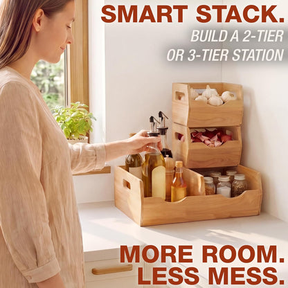 Stackable Solid Wood Storage Bins for Kitchen Pantry & Countertop, Ventilated Potato and Onion Basket Organizer with Handles, Wooden Produce Storage Containers, 3-Pack, Chestnut Finish
