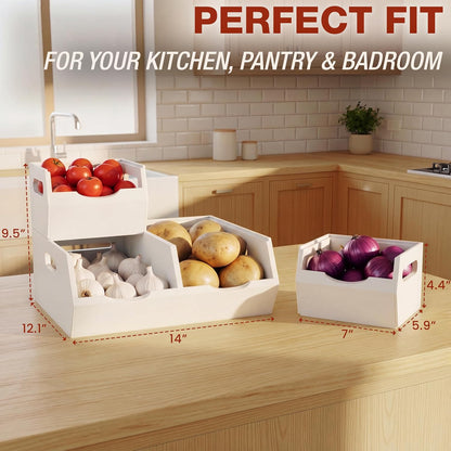 Stackable Solid Wood Storage Bins for Kitchen Pantry & Countertop, Ventilated Potato and Onion Basket Organizer with Handles, Wooden Produce Storage Containers, 3-Pack, Chestnut Finish