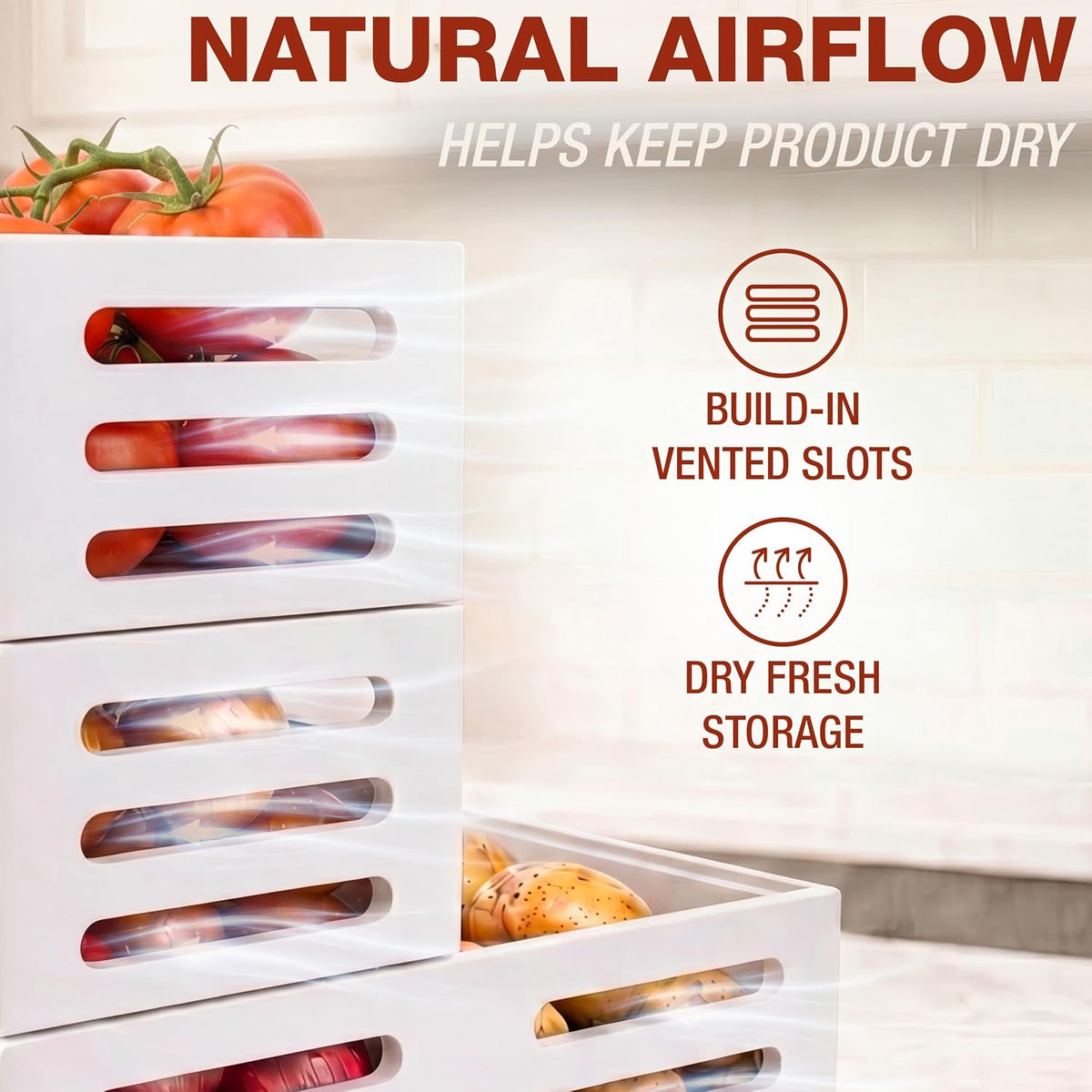 Stackable Solid Wood Storage Bins for Kitchen Pantry & Countertop, Ventilated Potato and Onion Basket Organizer with Handles, Wooden Produce Storage Containers, 3-Pack, Chestnut Finish