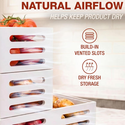 Stackable Solid Wood Storage Bins for Kitchen Pantry & Countertop, Ventilated Potato and Onion Basket Organizer with Handles, Wooden Produce Storage Containers, 3-Pack, Chestnut Finish