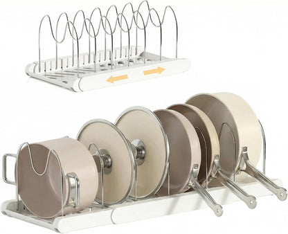 Expandable Pots and Pans Organizer Under Cabinet | 7 Stainless Steel Dividers, 13-22 inch Heavy Duty Pan Rack with Lid Holder, Pot Organizer Inside Cabinet for Kitchen Storage