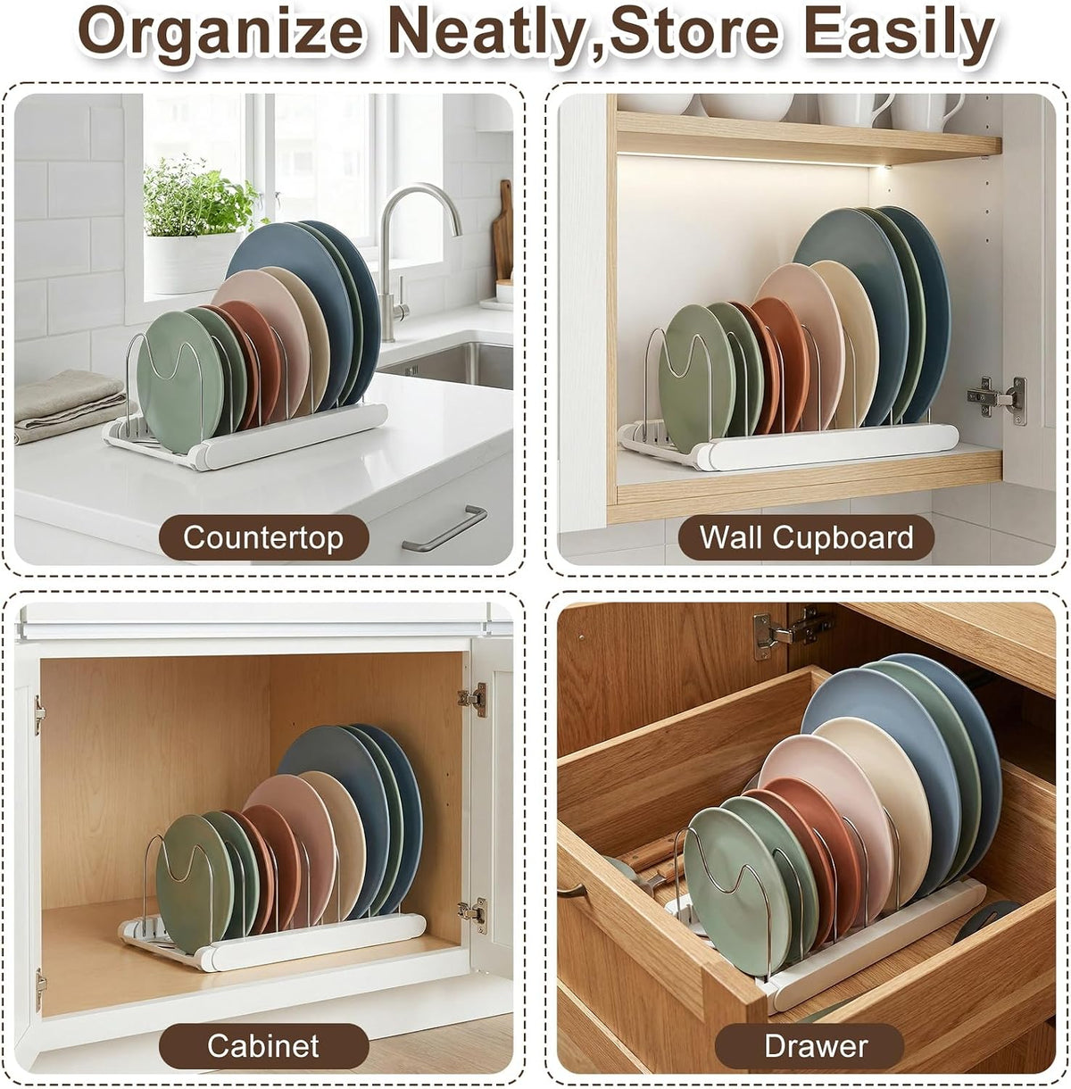 Expandable Pots and Pans Organizer Under Cabinet | 7 Stainless Steel Dividers, 13-22 inch Heavy Duty Pan Rack with Lid Holder, Pot Organizer Inside Cabinet for Kitchen Storage