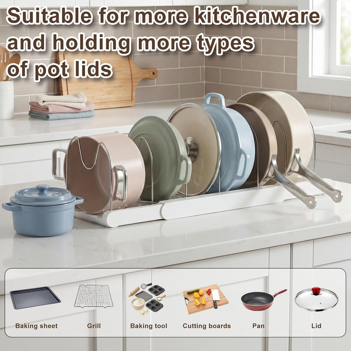 Expandable Pots and Pans Organizer Under Cabinet | 7 Stainless Steel Dividers, 13-22 inch Heavy Duty Pan Rack with Lid Holder, Pot Organizer Inside Cabinet for Kitchen Storage