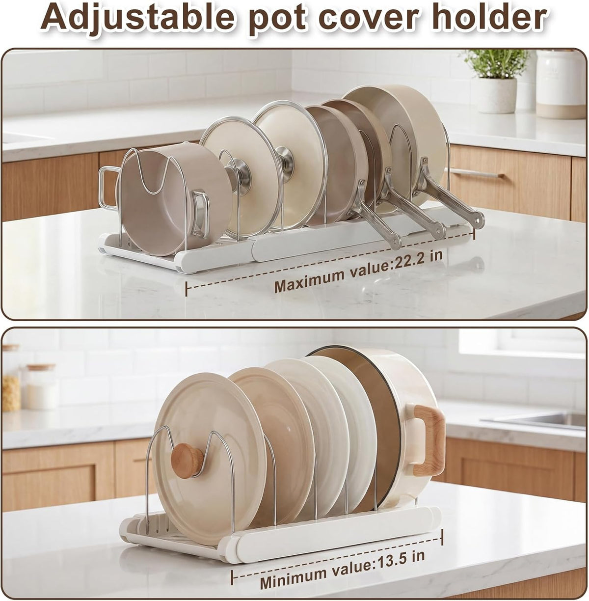 Expandable Pots and Pans Organizer Under Cabinet | 7 Stainless Steel Dividers, 13-22 inch Heavy Duty Pan Rack with Lid Holder, Pot Organizer Inside Cabinet for Kitchen Storage