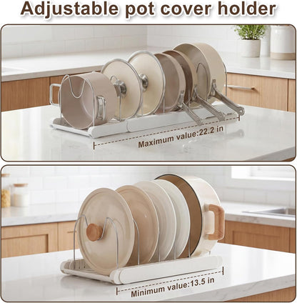 Expandable Pots and Pans Organizer Under Cabinet | 7 Stainless Steel Dividers, 13-22 inch Heavy Duty Pan Rack with Lid Holder, Pot Organizer Inside Cabinet for Kitchen Storage