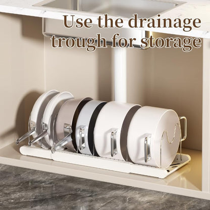 Expandable Pots and Pans Organizer Under Cabinet | 7 Stainless Steel Dividers, 13-22 inch Heavy Duty Pan Rack with Lid Holder, Pot Organizer Inside Cabinet for Kitchen Storage