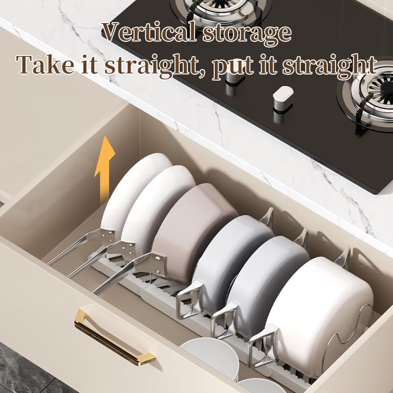 Expandable Pots and Pans Organizer Under Cabinet | 7 Stainless Steel Dividers, 13-22 inch Heavy Duty Pan Rack with Lid Holder, Pot Organizer Inside Cabinet for Kitchen Storage