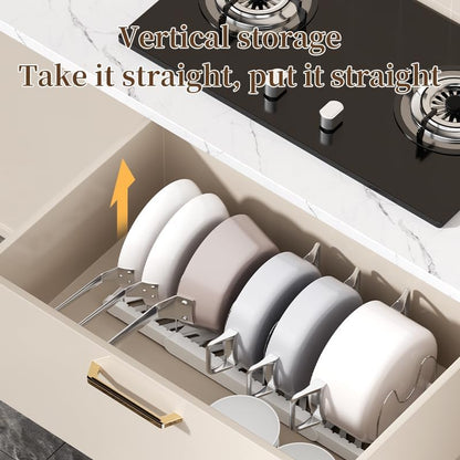 Expandable Pots and Pans Organizer Under Cabinet | 7 Stainless Steel Dividers, 13-22 inch Heavy Duty Pan Rack with Lid Holder, Pot Organizer Inside Cabinet for Kitchen Storage