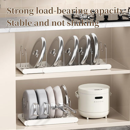 Expandable Pots and Pans Organizer Under Cabinet | 7 Stainless Steel Dividers, 13-22 inch Heavy Duty Pan Rack with Lid Holder, Pot Organizer Inside Cabinet for Kitchen Storage