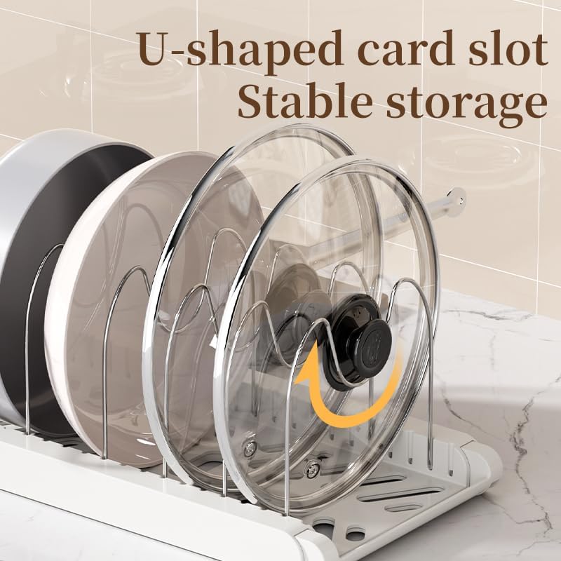 Expandable Pots and Pans Organizer Under Cabinet | 7 Stainless Steel Dividers, 13-22 inch Heavy Duty Pan Rack with Lid Holder, Pot Organizer Inside Cabinet for Kitchen Storage