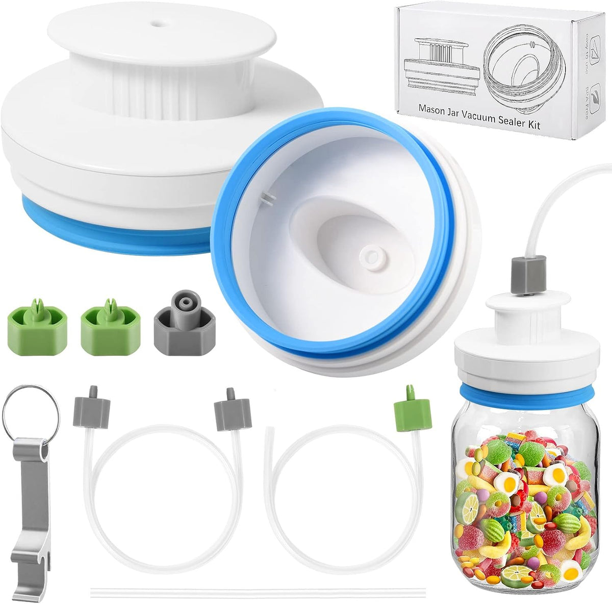 Upgraded Mason Jar Canning Sealer Kit - Sealer Set with Hoses Compatible with FoodSaver Vacuum Sealers - For Wide Mouth and Regular Mouth Jars (White)