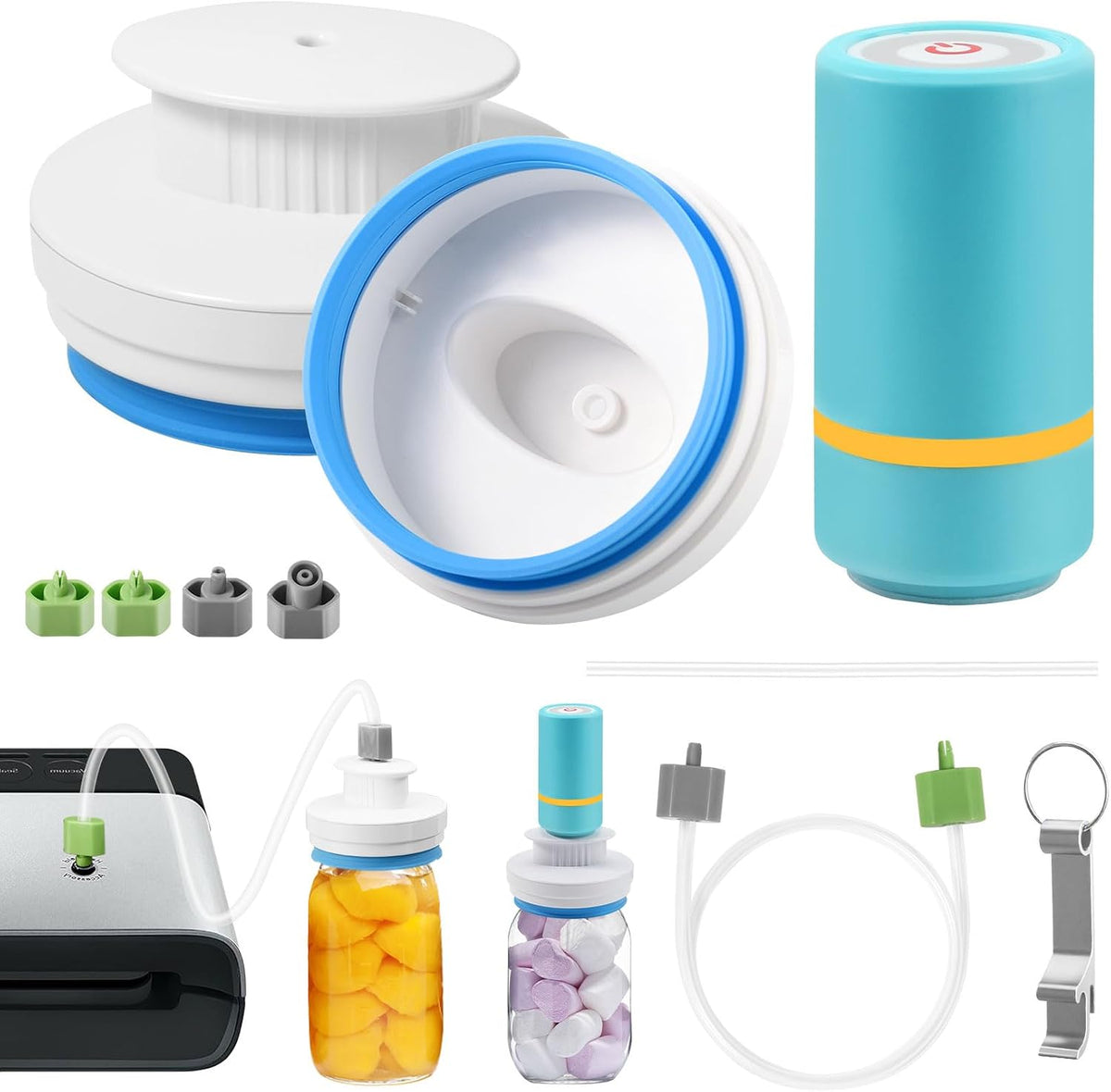 Upgraded Mason Jar Canning Sealer Kit - Sealer Set with Hoses Compatible with FoodSaver Vacuum Sealers - For Wide Mouth and Regular Mouth Jars (White)