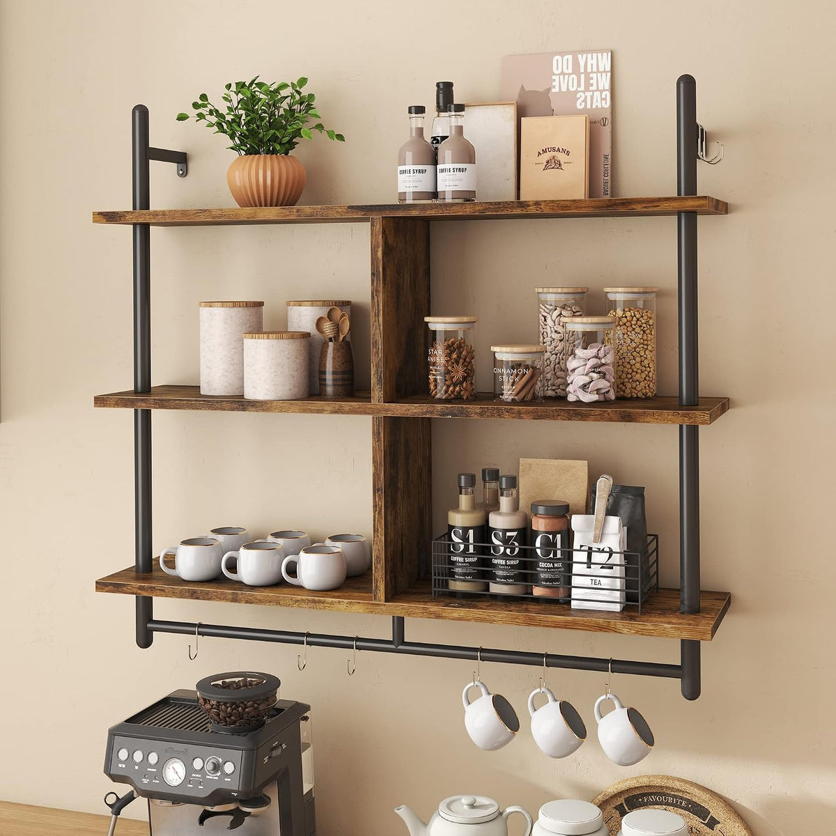41.5" Floating Shelves for Wall 3 Tier Kitchen Shelves Wall Mounted Coffee Bar Shelf Hanging Shelf with 8 Hooks, Industrial Display Pipe Shelving for Kitchen Living Room Bathroom, Rustic Brown