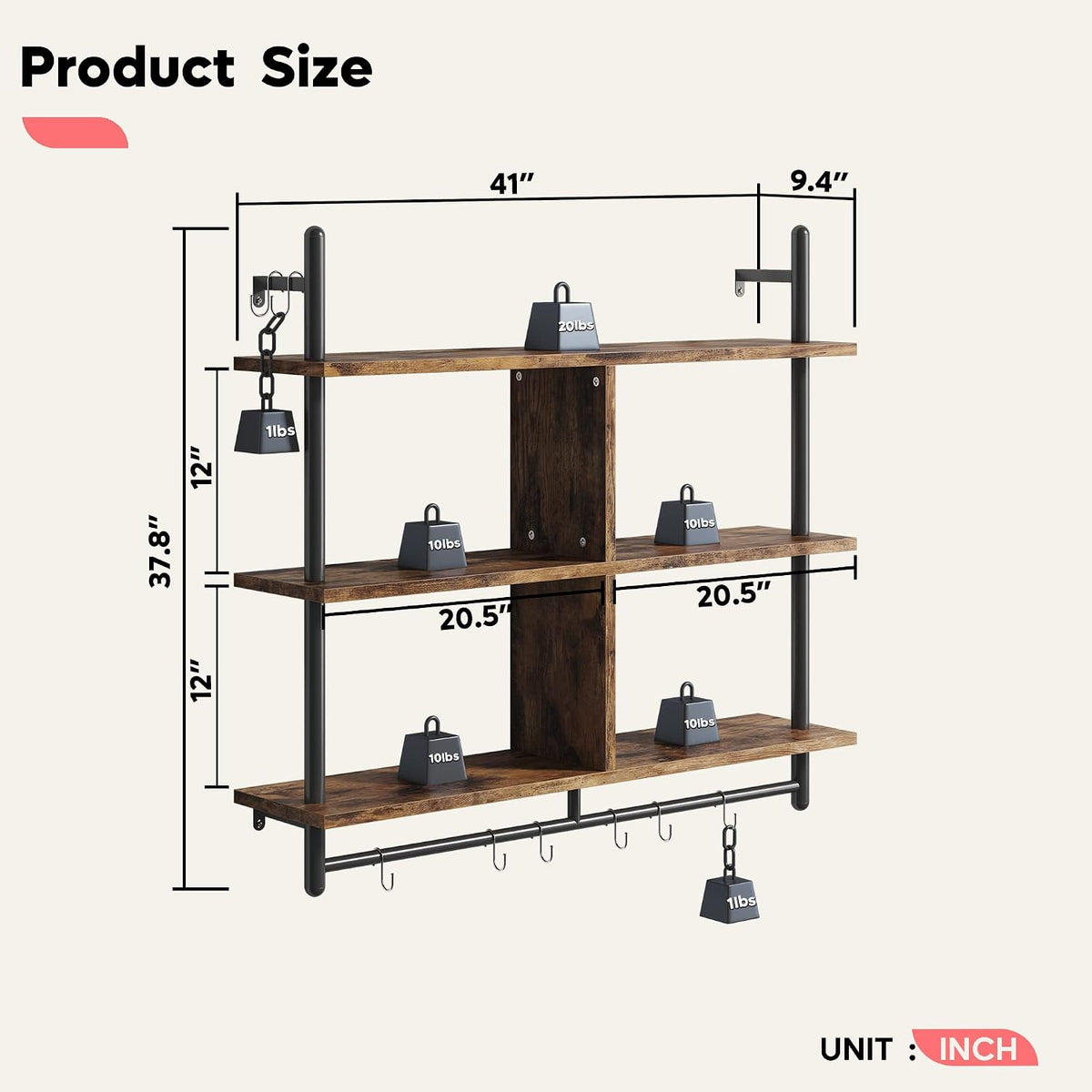 41.5" Floating Shelves for Wall 3 Tier Kitchen Shelves Wall Mounted Coffee Bar Shelf Hanging Shelf with 8 Hooks, Industrial Display Pipe Shelving for Kitchen Living Room Bathroom, Rustic Brown