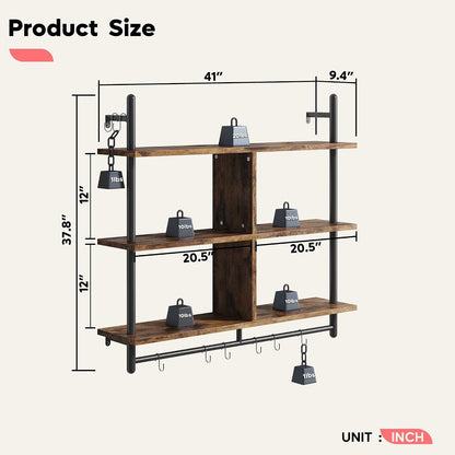 41.5" Floating Shelves for Wall 3 Tier Kitchen Shelves Wall Mounted Coffee Bar Shelf Hanging Shelf with 8 Hooks, Industrial Display Pipe Shelving for Kitchen Living Room Bathroom, Rustic Brown