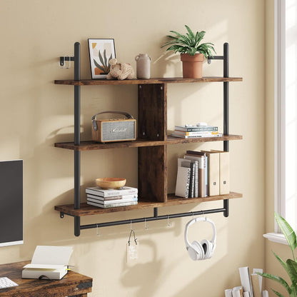 41.5" Floating Shelves for Wall 3 Tier Kitchen Shelves Wall Mounted Coffee Bar Shelf Hanging Shelf with 8 Hooks, Industrial Display Pipe Shelving for Kitchen Living Room Bathroom, Rustic Brown