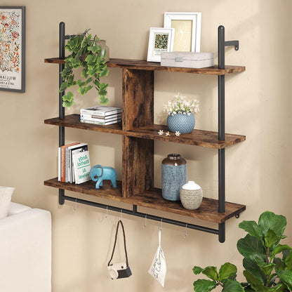 41.5" Floating Shelves for Wall 3 Tier Kitchen Shelves Wall Mounted Coffee Bar Shelf Hanging Shelf with 8 Hooks, Industrial Display Pipe Shelving for Kitchen Living Room Bathroom, Rustic Brown