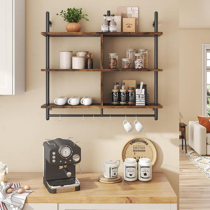 41.5" Floating Shelves for Wall 3 Tier Kitchen Shelves Wall Mounted Coffee Bar Shelf Hanging Shelf with 8 Hooks, Industrial Display Pipe Shelving for Kitchen Living Room Bathroom, Rustic Brown