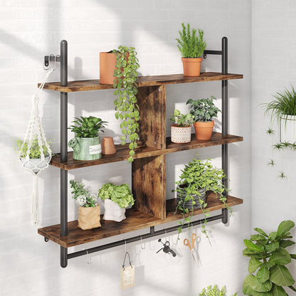 41.5" Floating Shelves for Wall 3 Tier Kitchen Shelves Wall Mounted Coffee Bar Shelf Hanging Shelf with 8 Hooks, Industrial Display Pipe Shelving for Kitchen Living Room Bathroom, Rustic Brown