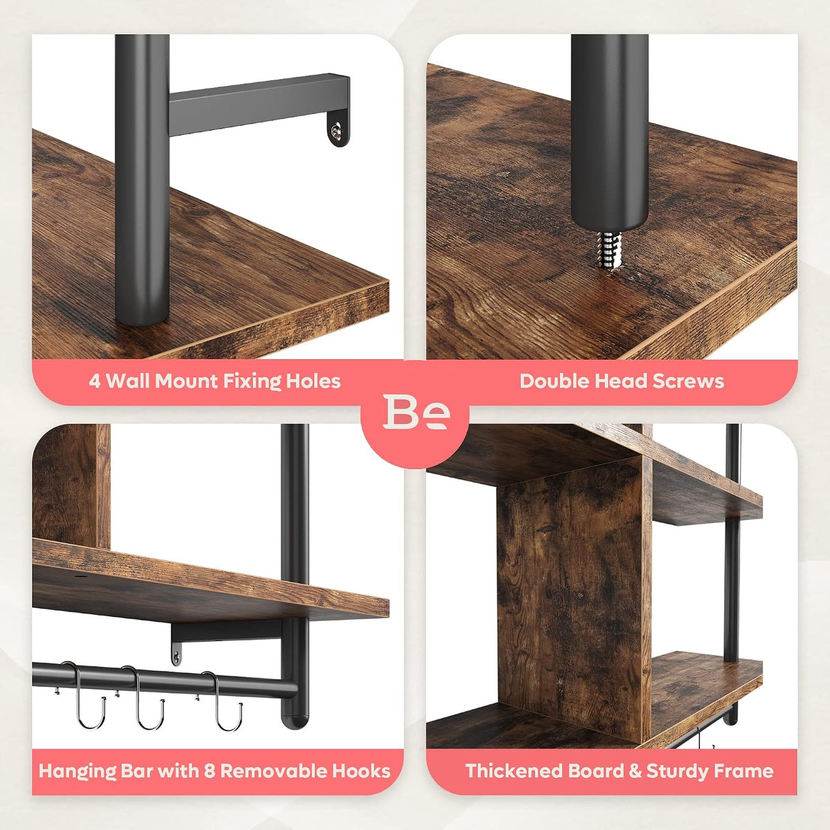 41.5" Floating Shelves for Wall 3 Tier Kitchen Shelves Wall Mounted Coffee Bar Shelf Hanging Shelf with 8 Hooks, Industrial Display Pipe Shelving for Kitchen Living Room Bathroom, Rustic Brown