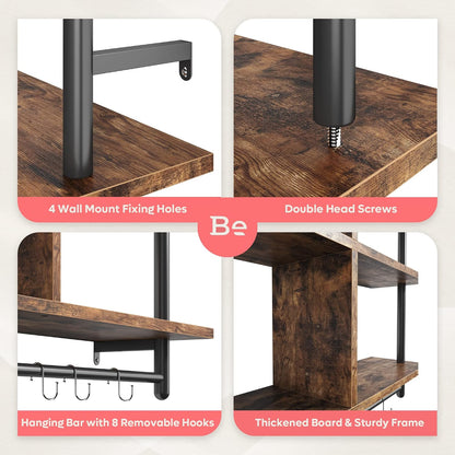 41.5" Floating Shelves for Wall 3 Tier Kitchen Shelves Wall Mounted Coffee Bar Shelf Hanging Shelf with 8 Hooks, Industrial Display Pipe Shelving for Kitchen Living Room Bathroom, Rustic Brown