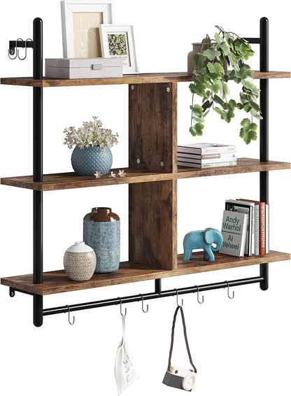 41.5" Floating Shelves for Wall 3 Tier Kitchen Shelves Wall Mounted Coffee Bar Shelf Hanging Shelf with 8 Hooks, Industrial Display Pipe Shelving for Kitchen Living Room Bathroom, Rustic Brown